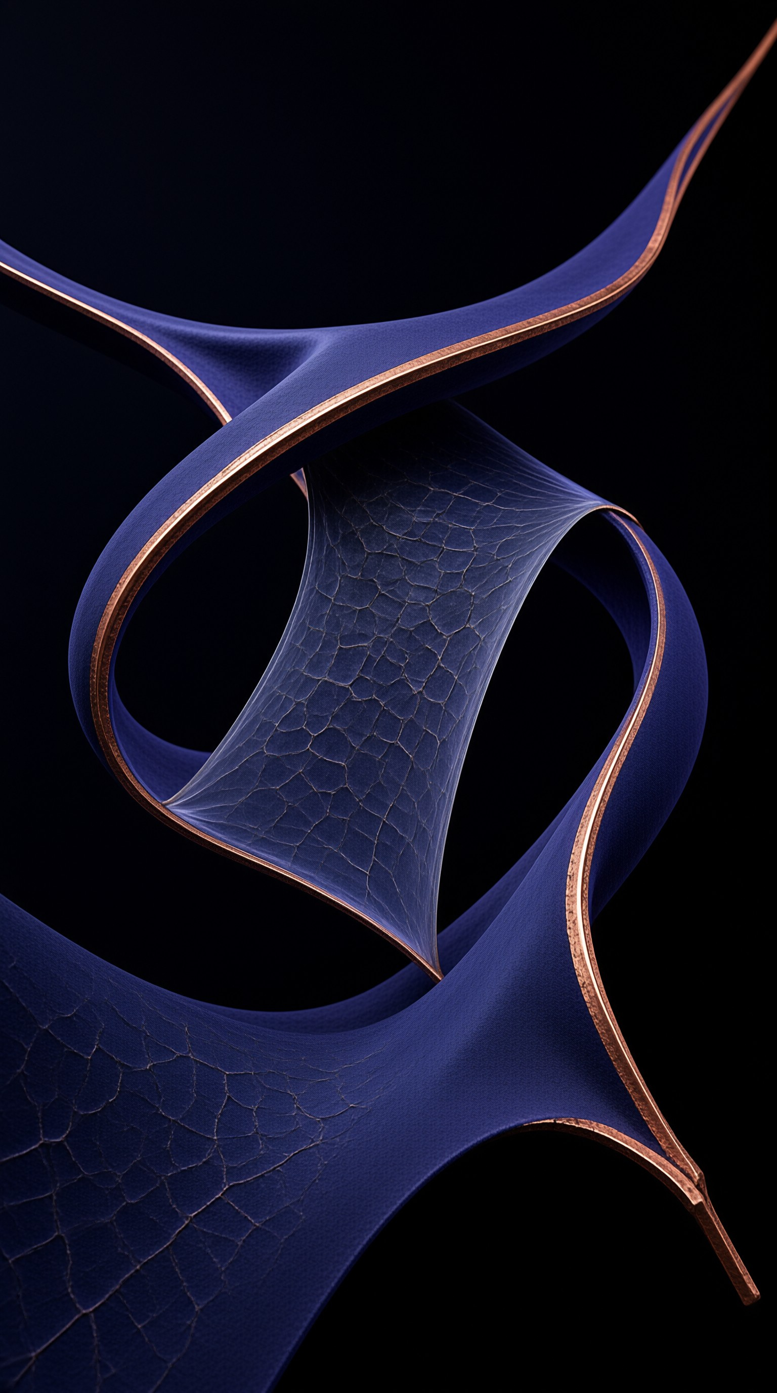 A blue sculptural ribbon twists against a black background revealing copper edges and a cracked texture across its surface.