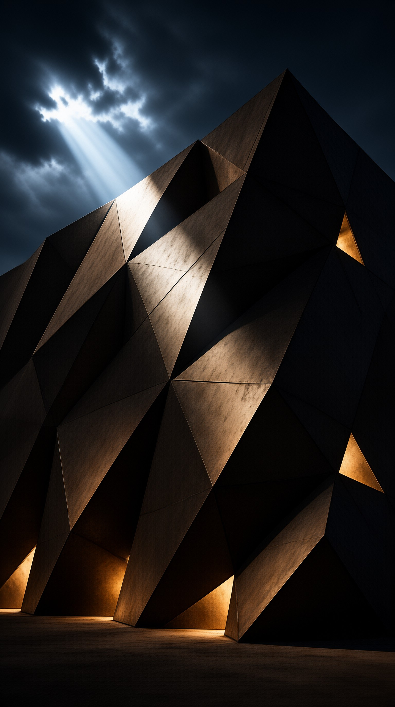 Multi-faceted dark building faces stormy sky, bright sunbeams break clouds, warm light glows from triangular openings.
