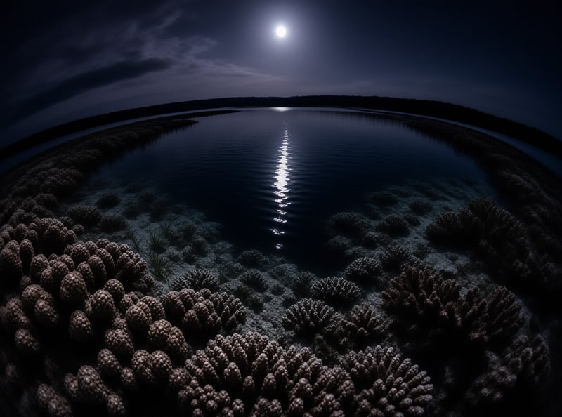 A round moon hangs low over a dark ocean lagoon, its silver path glimmering across rippled water between coral mounds.