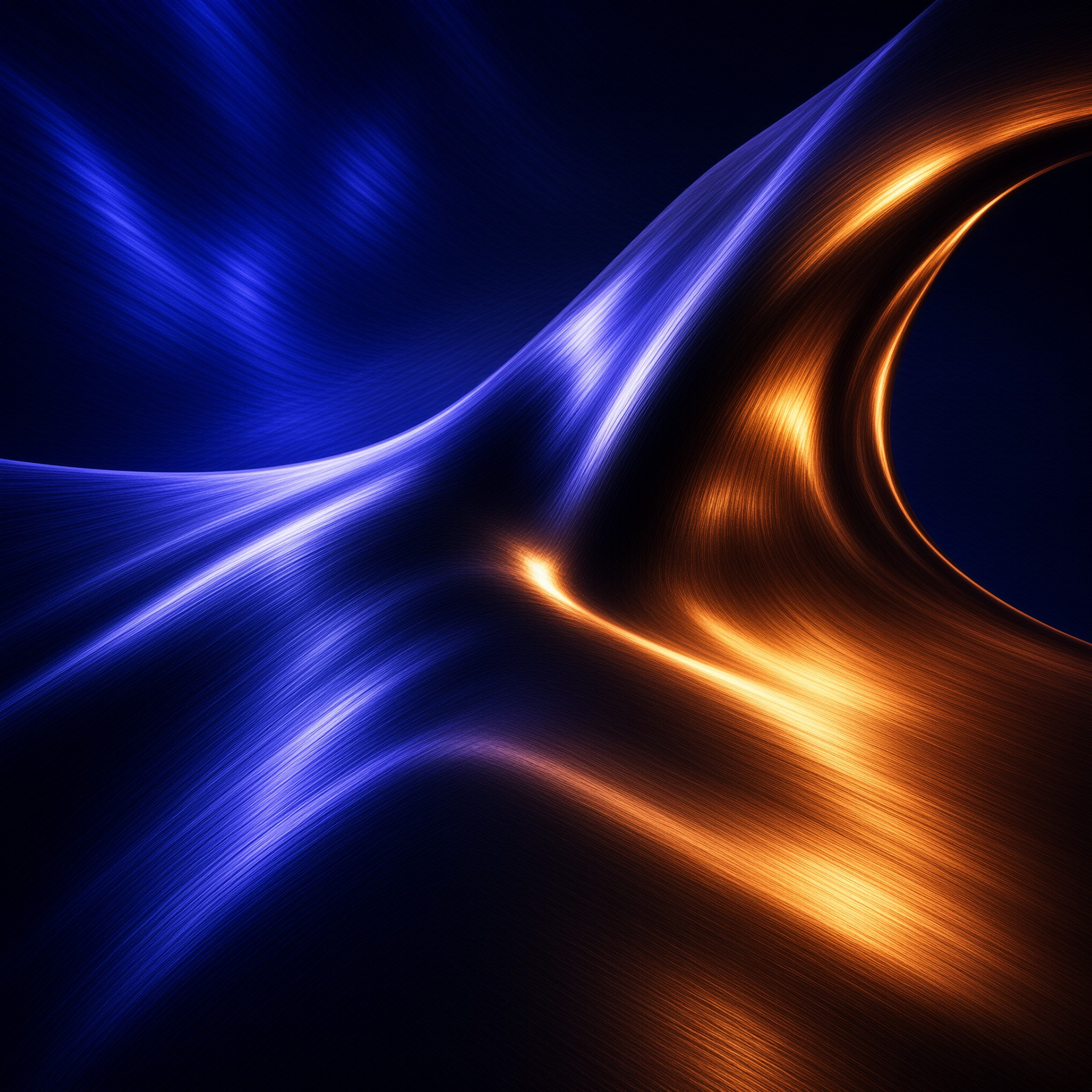 Ribbons of electric blue and molten amber light sweep across a dark void in smooth flowing curves