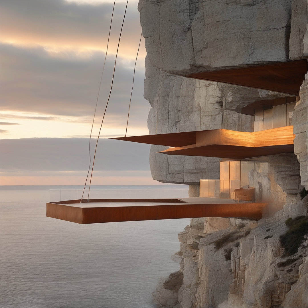 A modern architectural structure featuring rust-colored cantilevers extends from a white rock cliff into the ocean air during the golden hour.