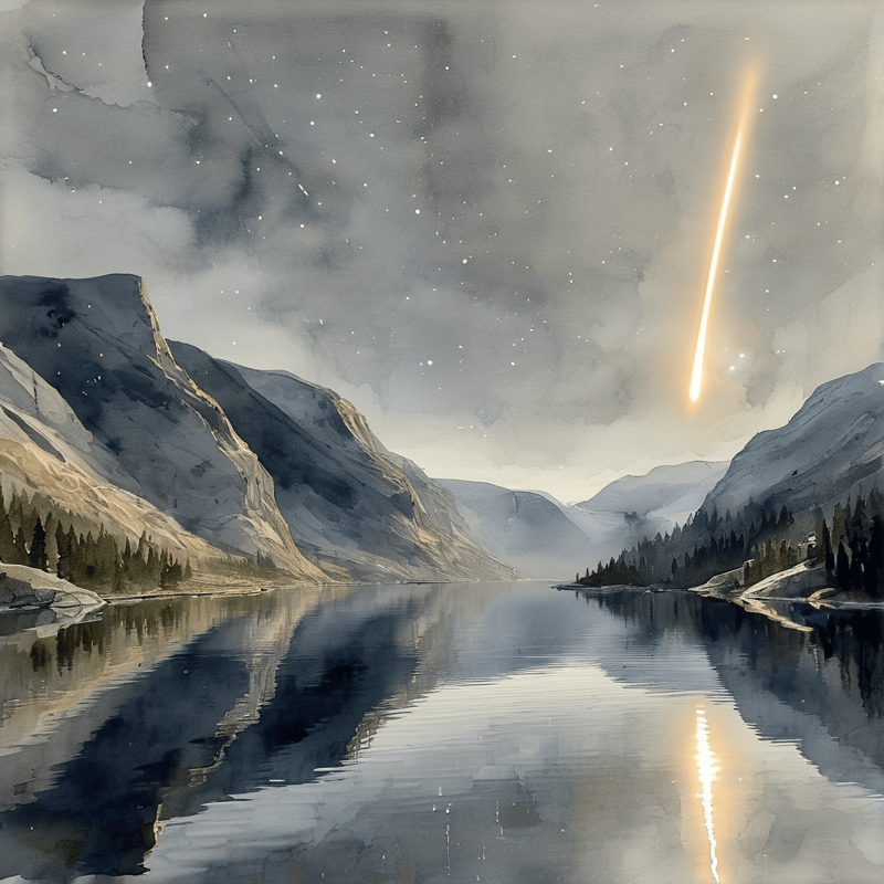 A bright falling meteor leaves a glowing trail above a calm mountain lake that perfectly reflects the starlit cloudy sky and surrounding forested peaks.