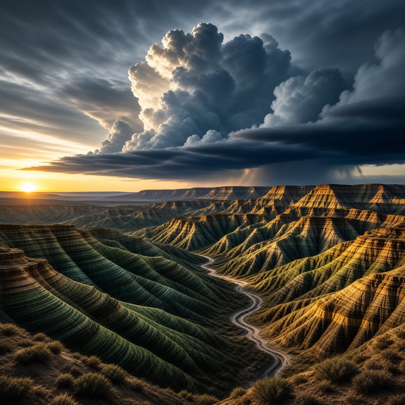 A winding channel cuts through terraced hills of green and orange earth beneath a towering cloud formation during sunset.