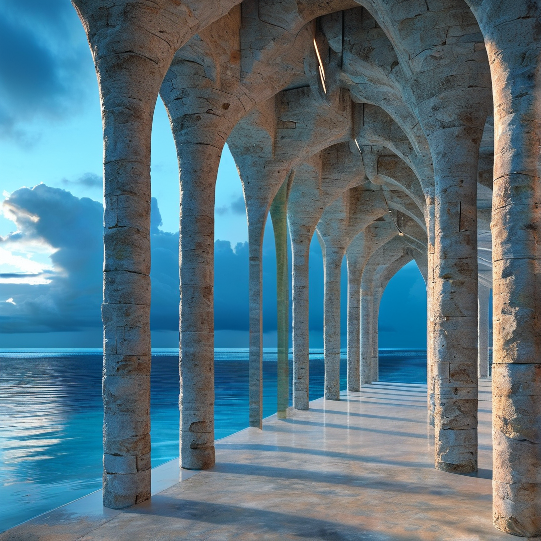 Stone pillars line the waterfront creating arches while warm light contrasts with the cool blue ocean and sky.