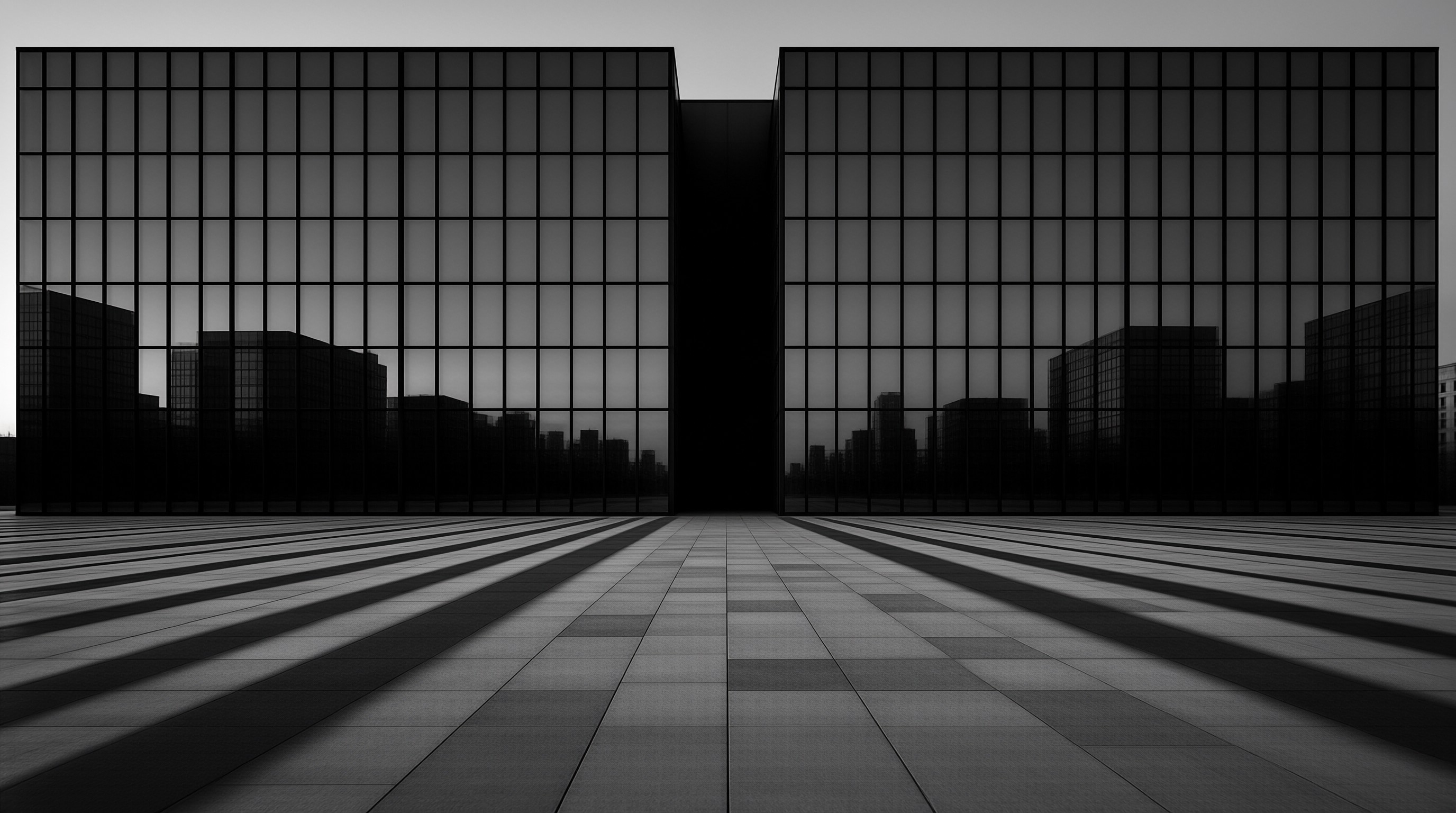 Symmetrical black and white view of glass buildings with grid windows casting sharp shadows on a paved ground.