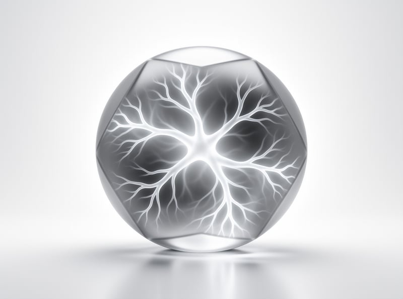 A transparent faceted sphere holds a luminous branching network against a plain white background with soft shadows.