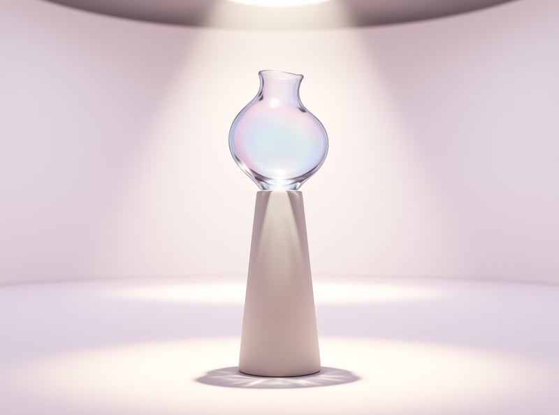 A rounded iridescent glass vessel balances on a tall matte cone pedestal, lit from above in a soft blush-toned studio.
