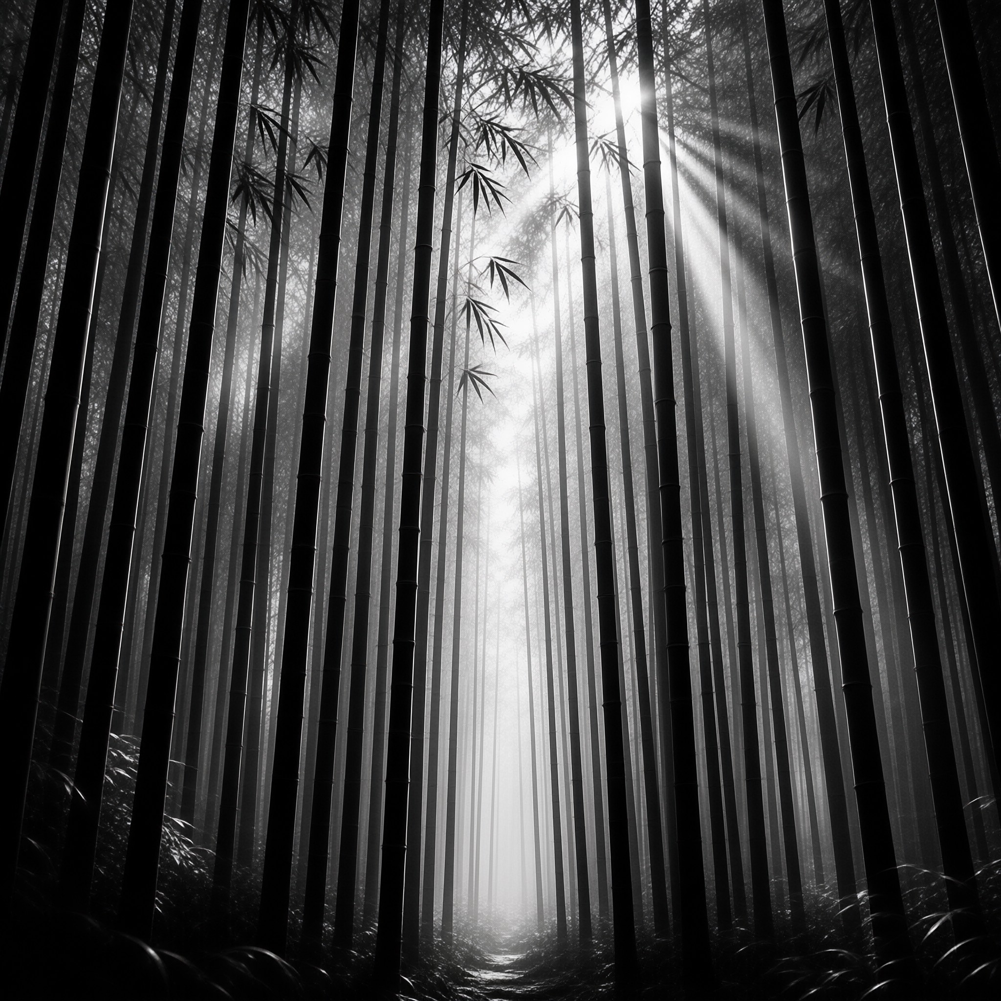 Tall dark bamboo stalks rise vertically in a misty grove where bright sunlight beams down from above.