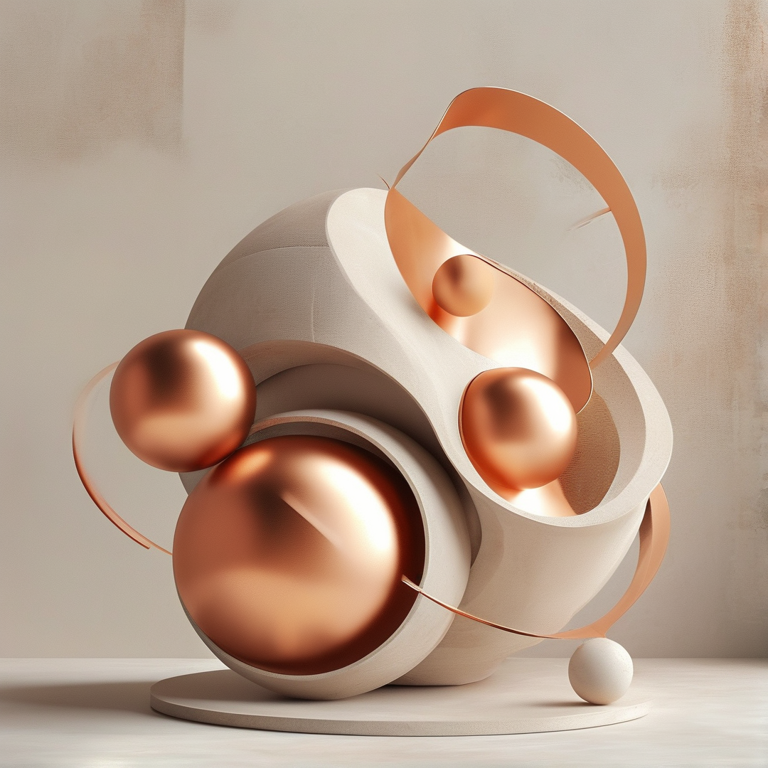 A minimalist 3D render features shiny copper spheres nestled within smooth off-white curved structures that resemble organic architecture. Thin copper ribbons loop around the central cluster adding dynamic movement to the static composition. Soft studio lighting creates gentle reflections on the metallic surfaces while