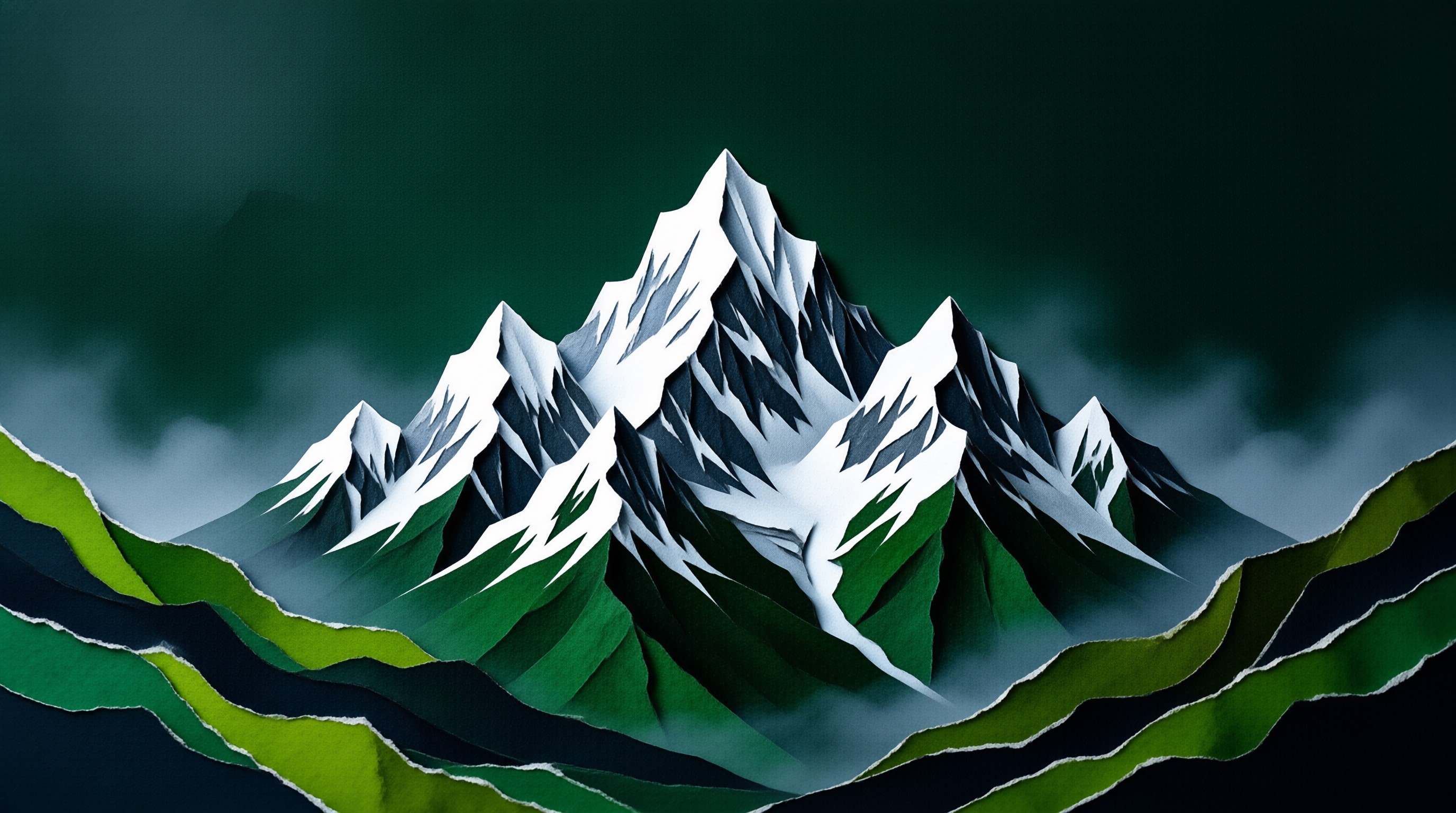 Paper cut art of snow capped mountain peaks above layered green hills with soft mist against a dark blue sky.