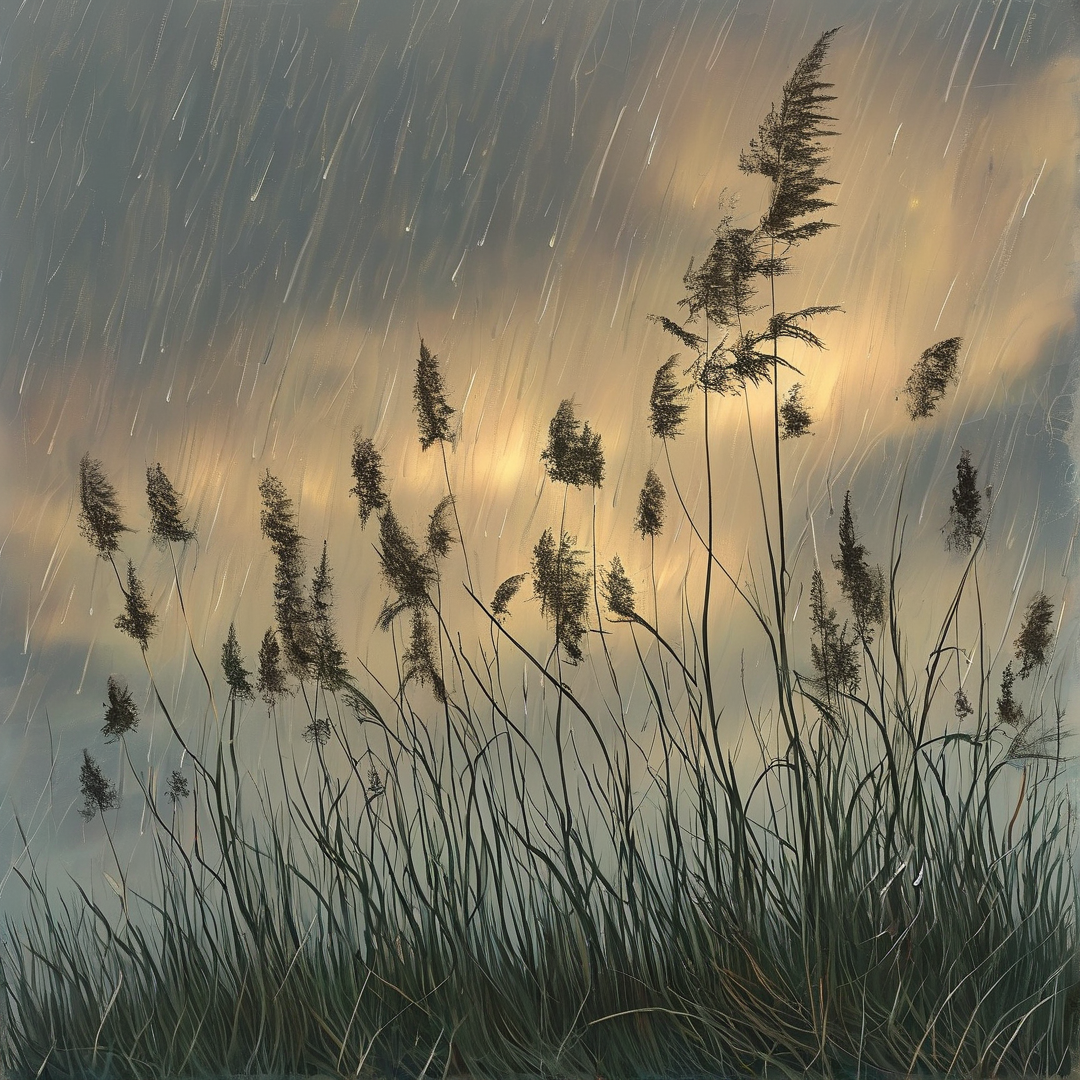Reeds in the Rain at Sunset