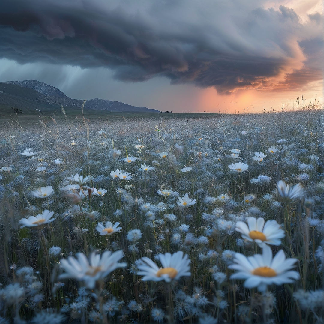 Stormy Daisy Meadow at Sunset