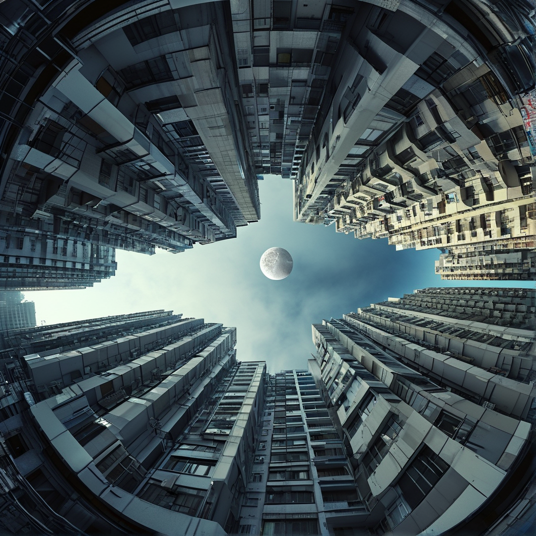A distorted upward view of a bright full moon framed by dense residential towers in a crowded urban environment.