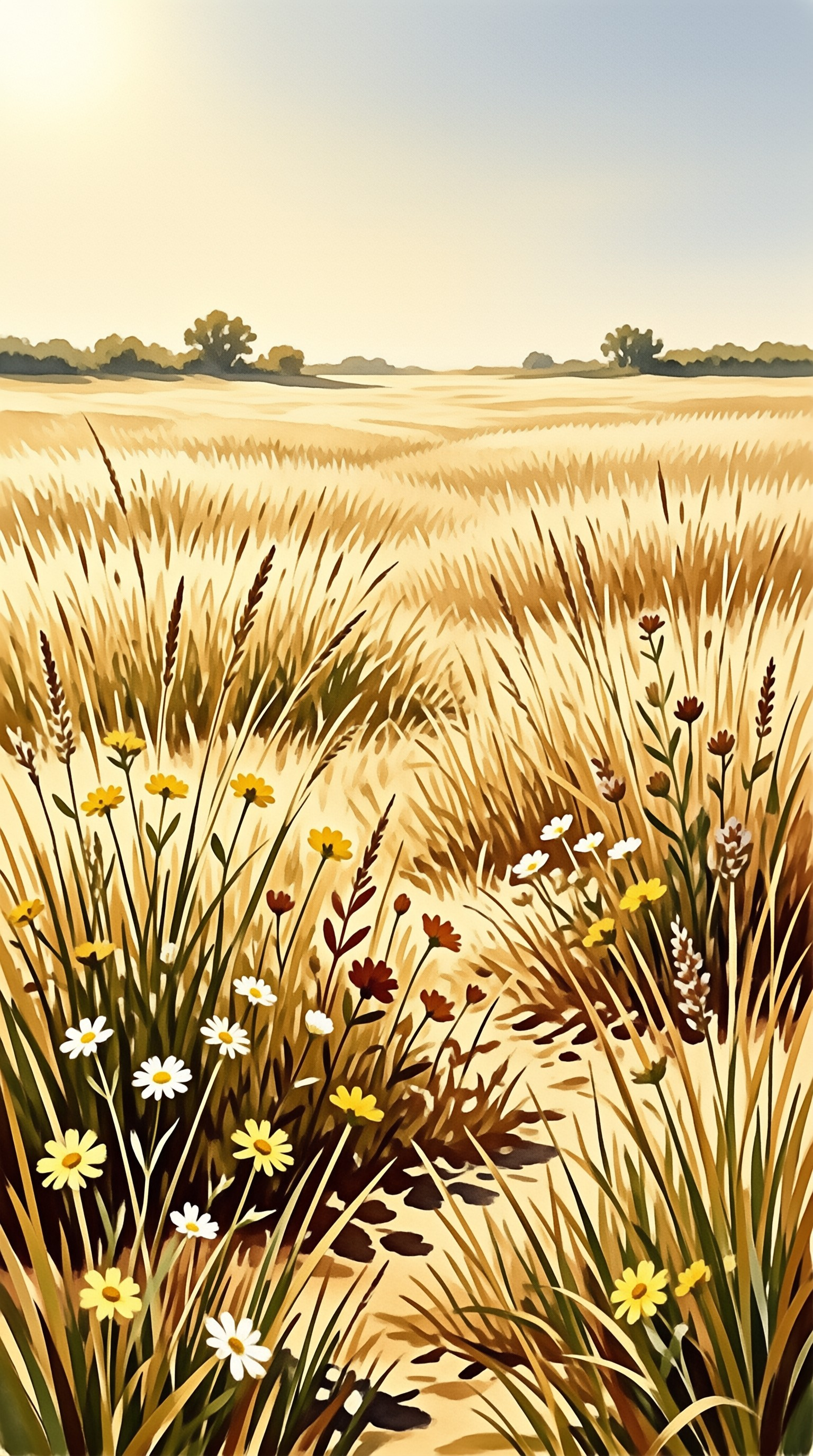 A painterly view of a meadow with tall dry grass and scattered wildflowers bathed in warm sunlight.