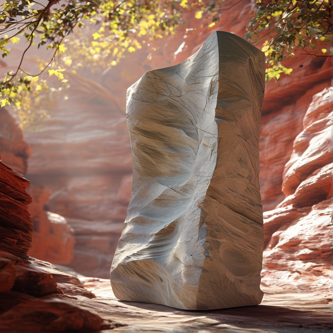 A large smooth grey rock stands tall amidst red canyon walls beneath hanging tree branches and sunlight.