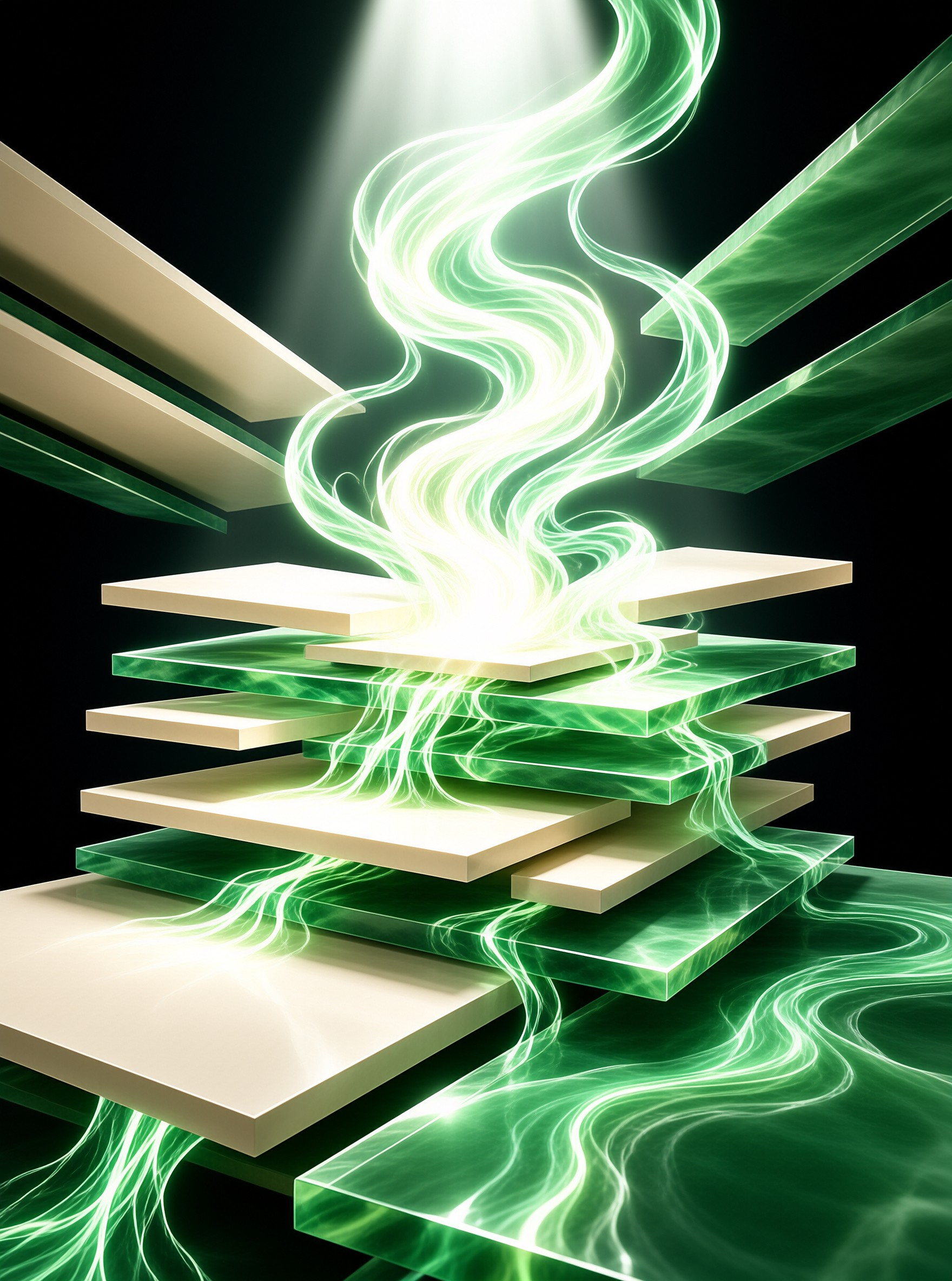 Ribbons of glowing green energy spiral down through floating cream and jade panels lit from above on black.