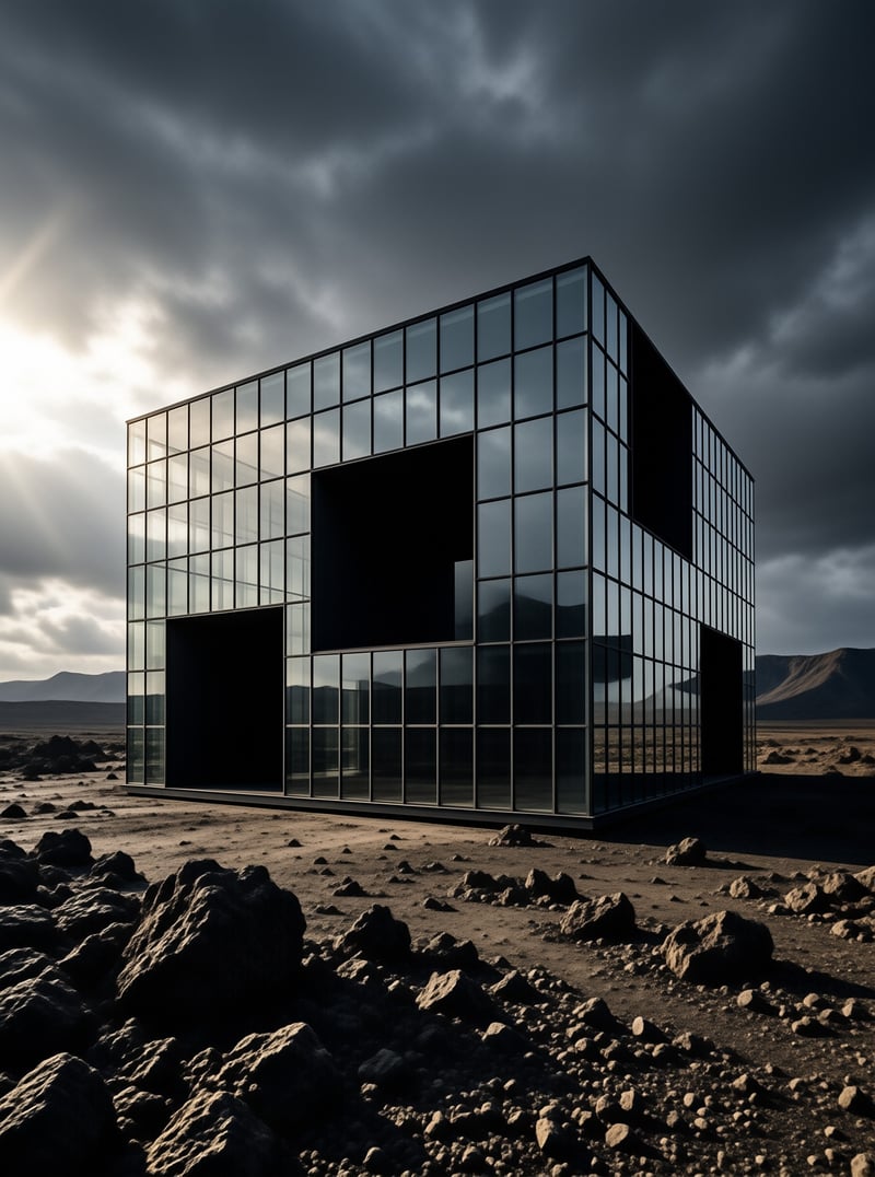 A mirrored glass cube with dark open voids stands on rocky volcanic ground under a stormy sky lit by breaking sunlight.