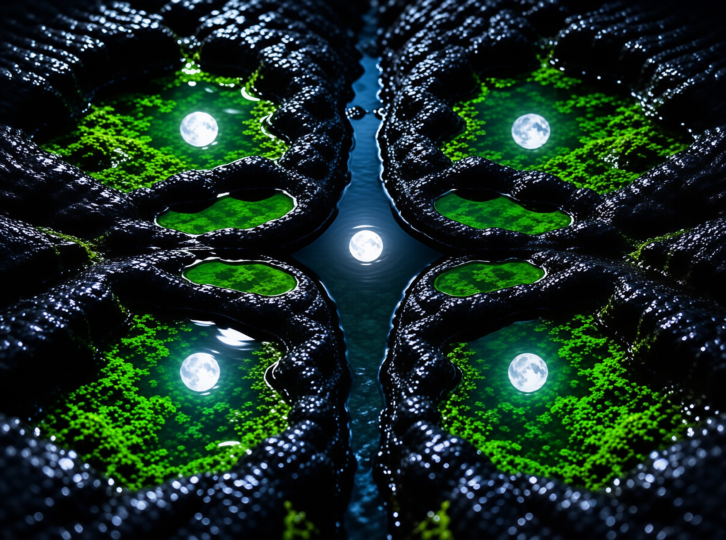 Symmetrical dark glossy ridges frame pools of green liquid that each reflect a bright white moon under a night sky.