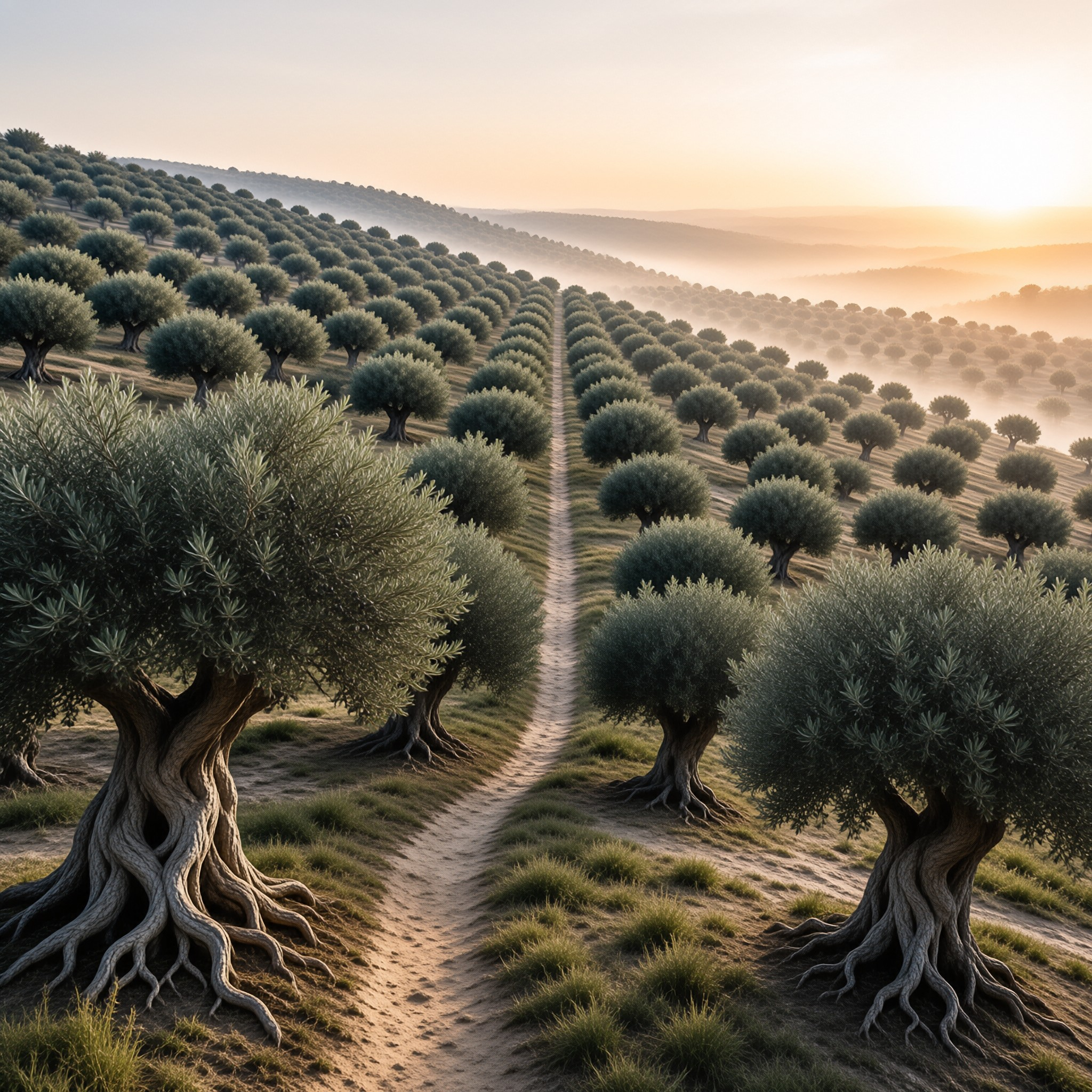 Misty Olive Grove at Dawn