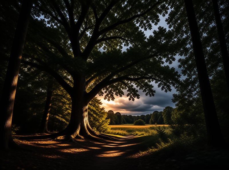 A massive oak tree silhouettes a forest edge as golden sunlight illuminates a winding path toward an open field.