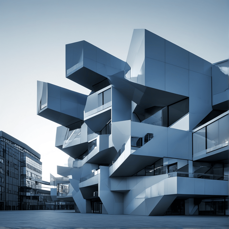 A futuristic building with angular white panels stands in a paved courtyard next to a glass office block under a pale sky.