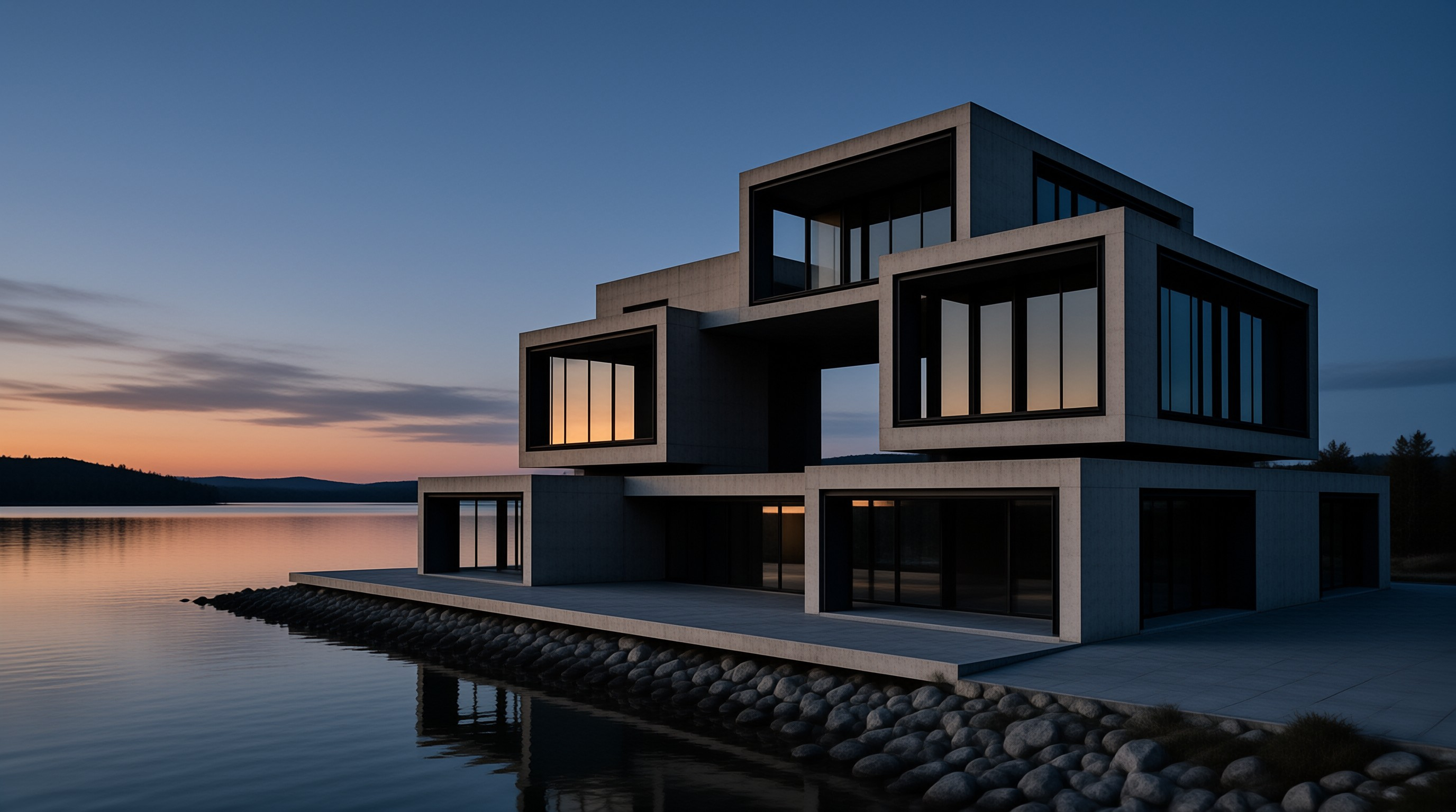 Modern Lake House at Dusk