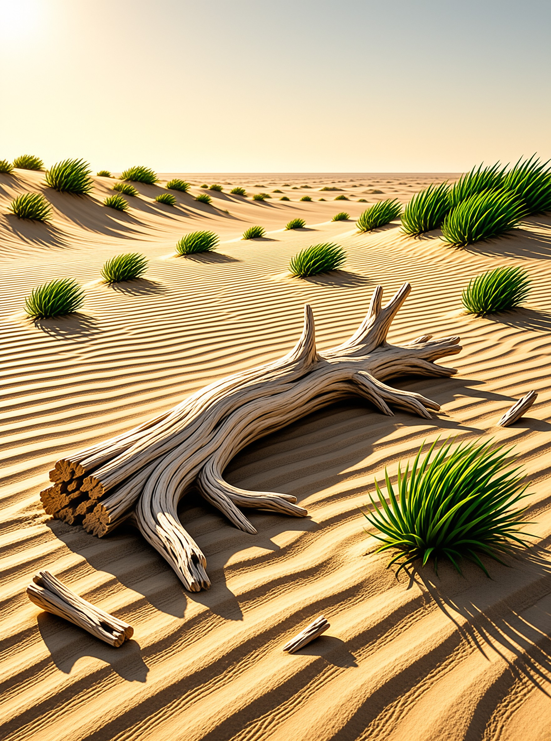 A large piece of bleached driftwood lies on rippled sand dunes surrounded by scattered green grass tufts under warm golden sunlight.