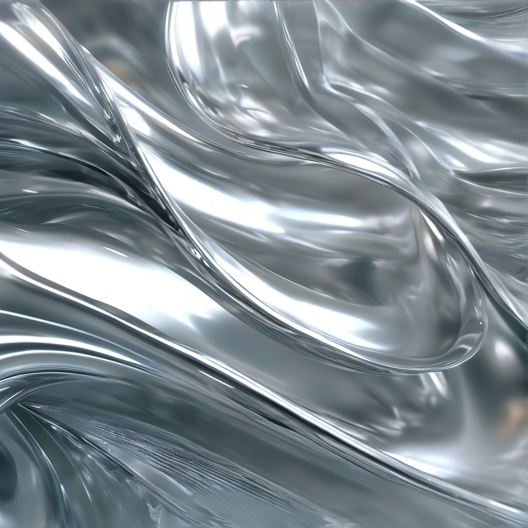 Glossy silver metallic material is folded into smooth undulating curves that catch bright reflected highlights across its flowing textured surface.