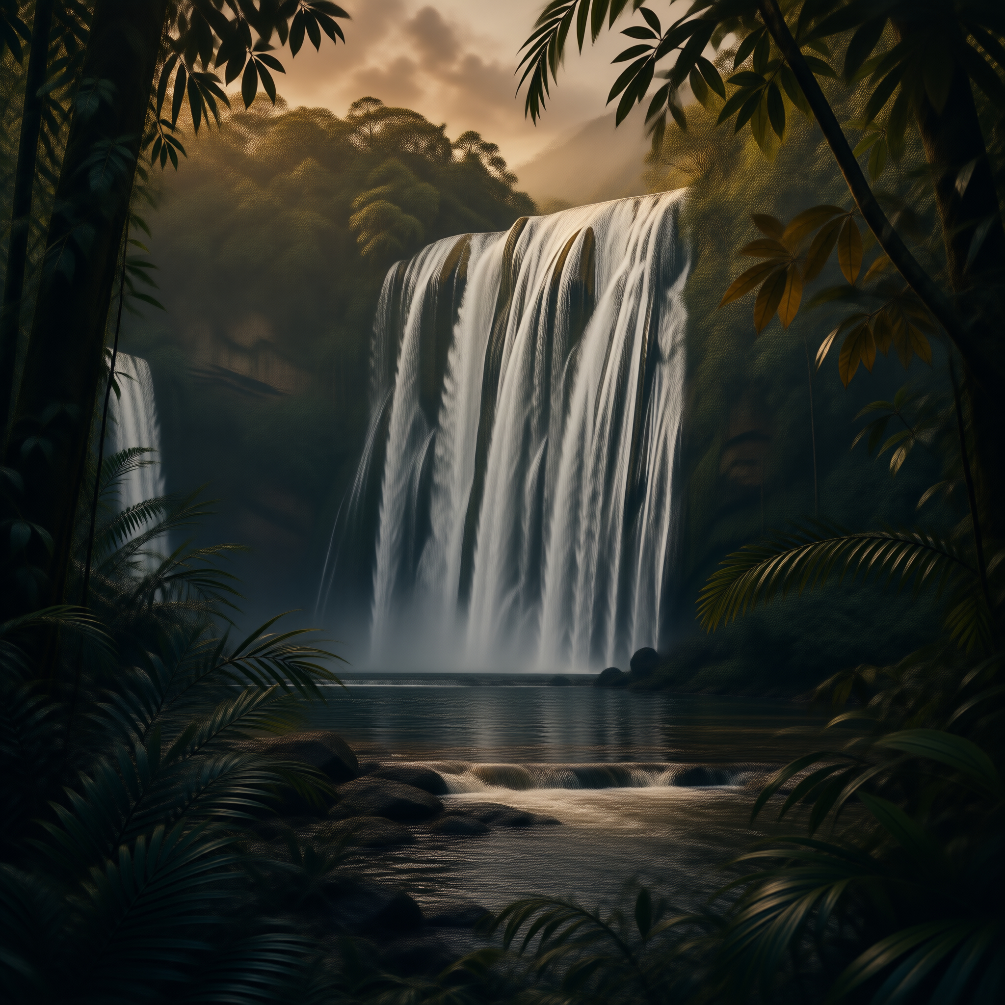 Jungle Waterfall at Sunset