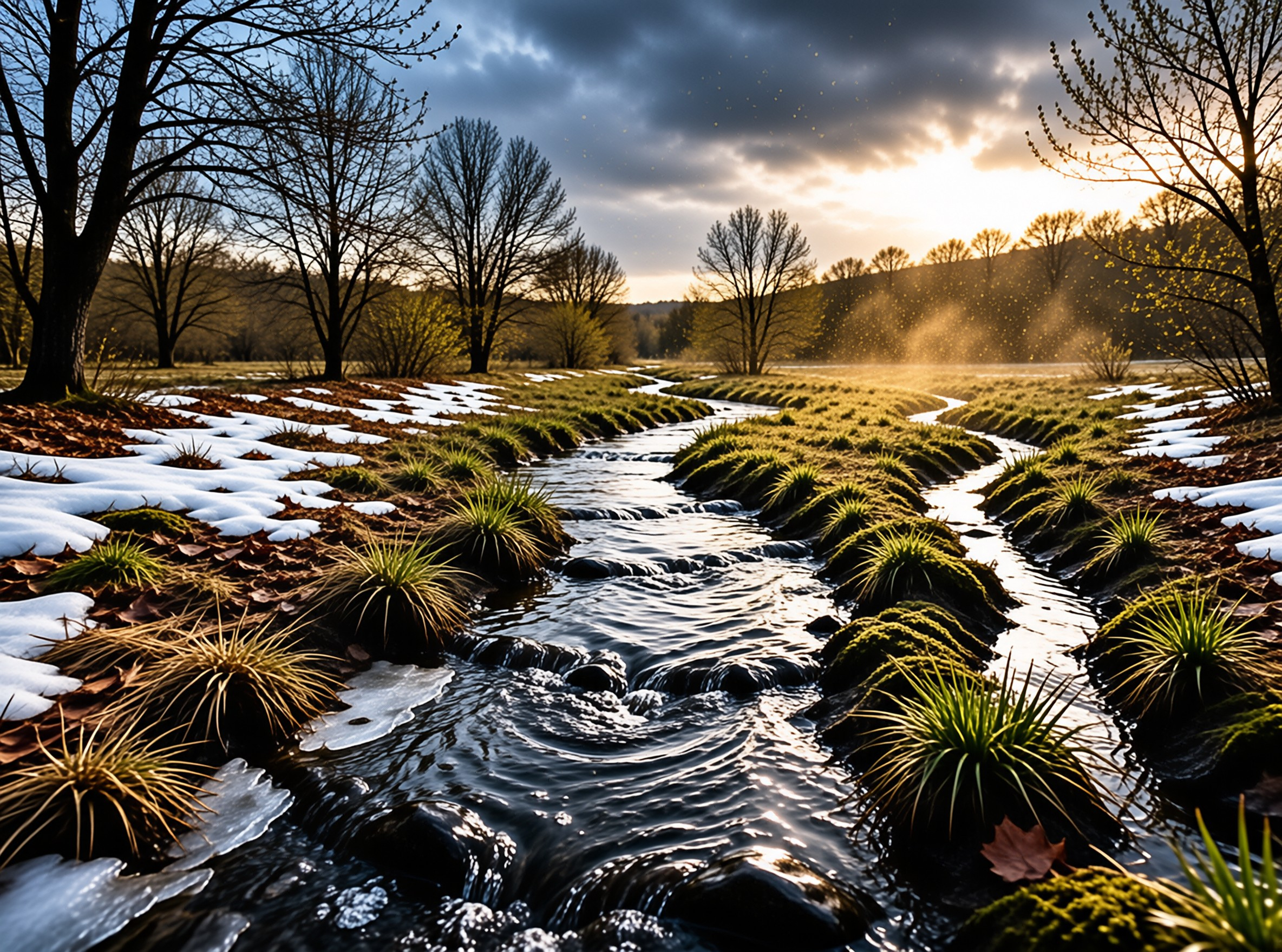 A small river flows through a grassy field with patches of snow remaining under the warm light of a setting sun.