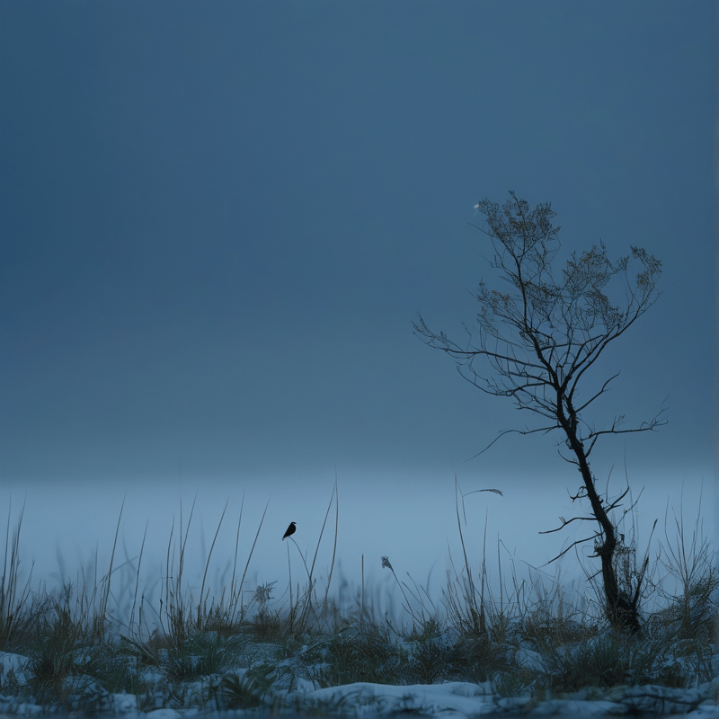 A small dark bird stands on a thin stalk in a foggy field with a bare tree to the right under blue twilight.