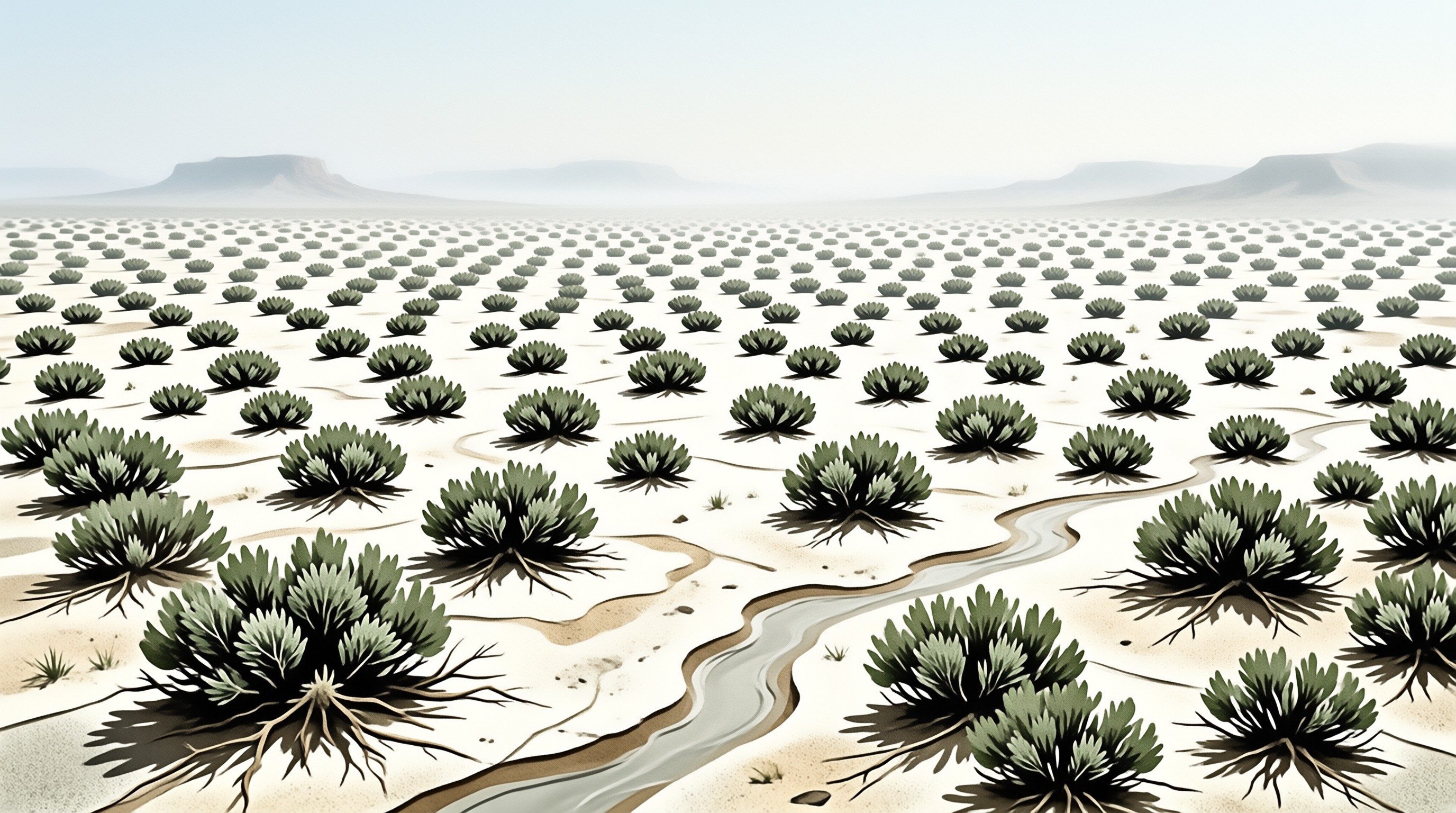 Evenly spaced spiky green succulents dot a pale sunlit desert plain with a winding shallow channel cutting through the sand.