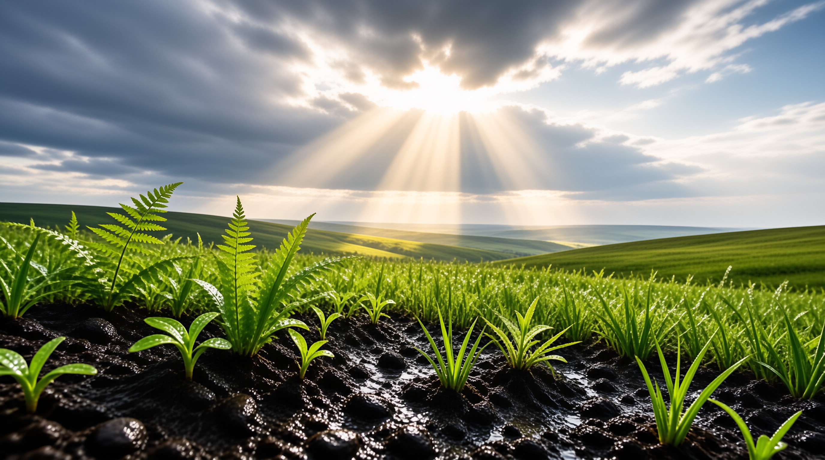 Sunbeams Over a Lush Field