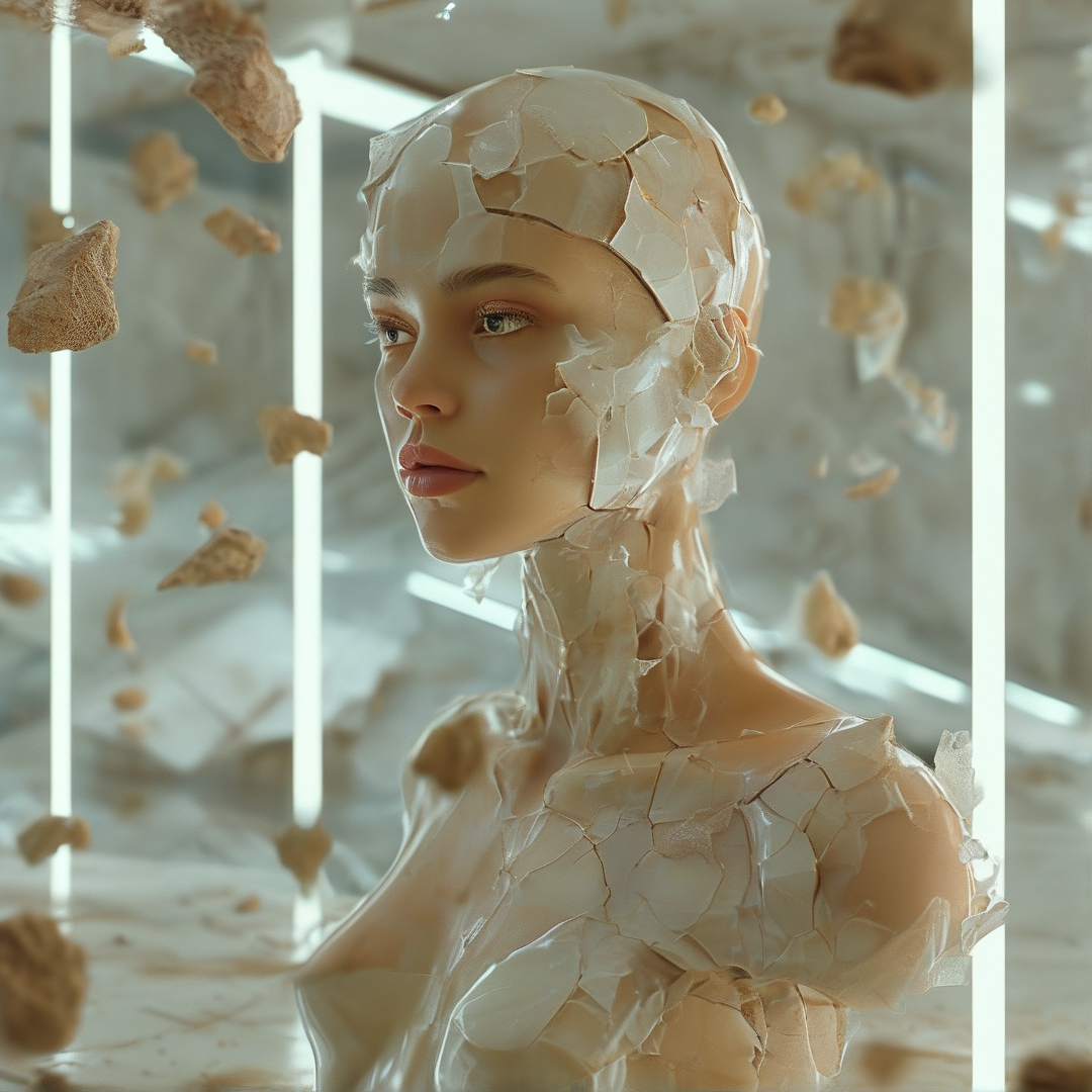 A sculpted female figure with a fragmented white exterior is surrounded by hovering fragments under glowing linear illumination.