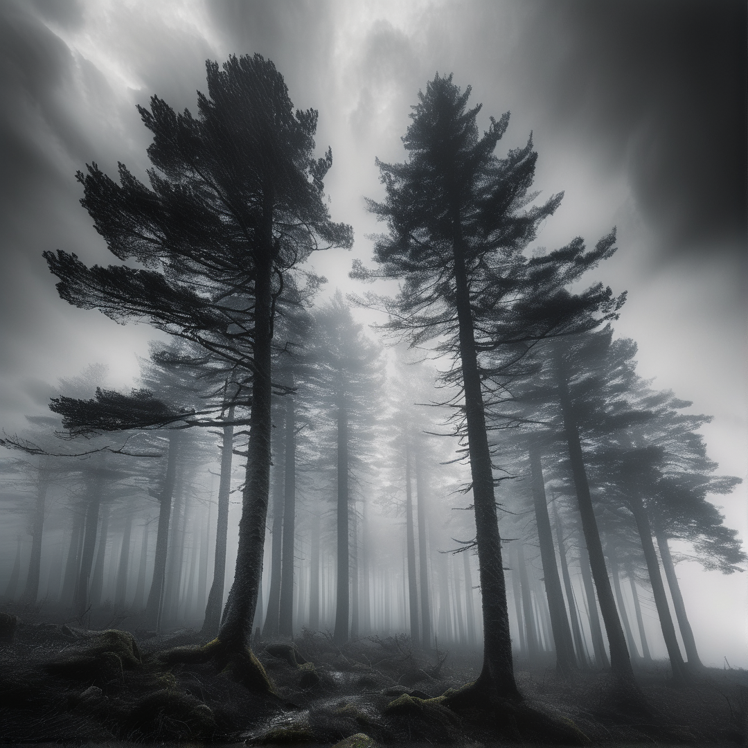 Tall dark pine trees rise vertically through thick grey fog in this monochromatic woodland landscape scene.