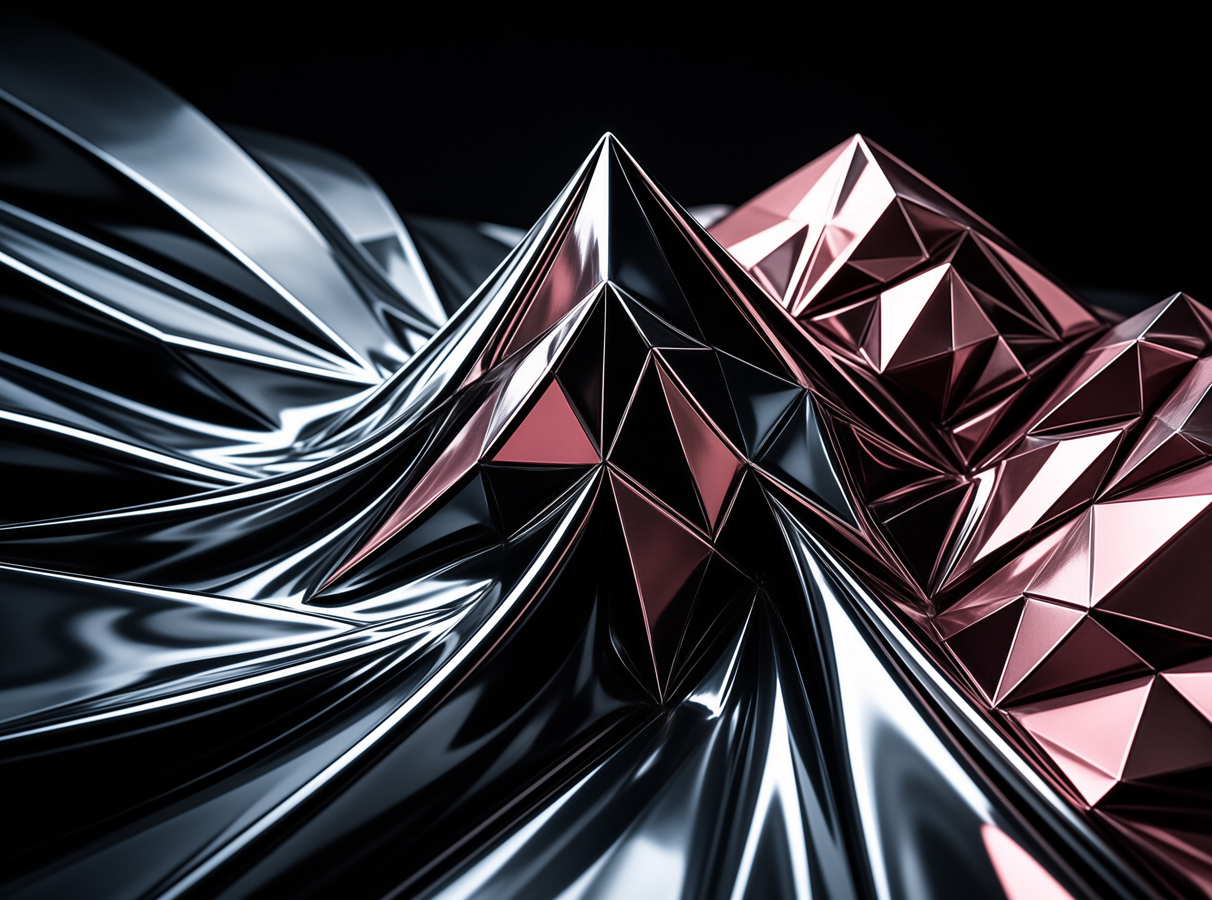 Angular shiny metallic peaks with silver and rose gold finishes are set against a black background, sharp light lines running across their rippled and faceted forms.