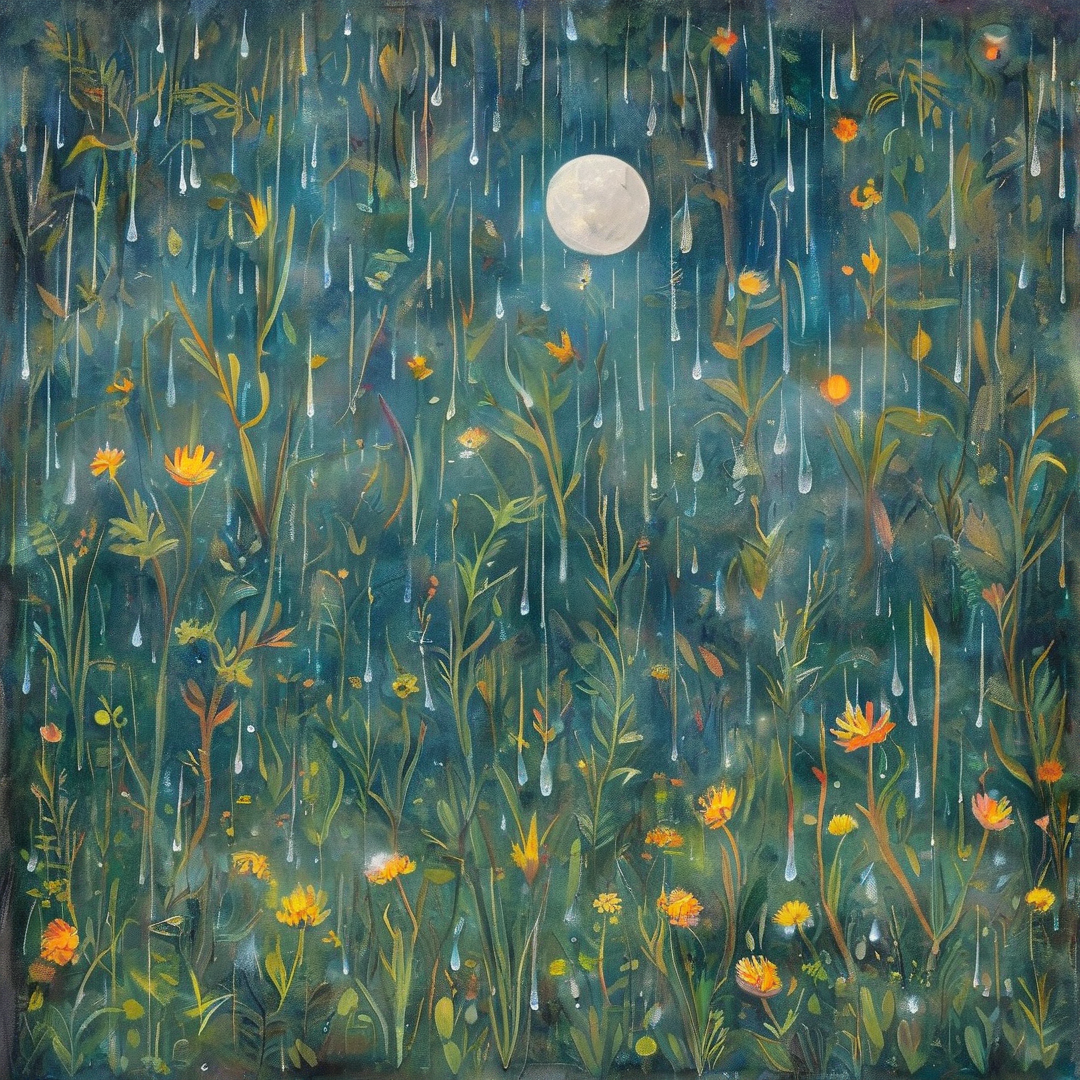 Moonlit Rain on Flowers