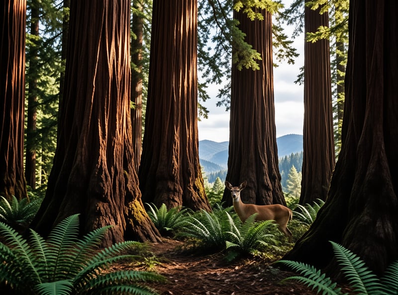 A deer stands near giant redwood trees while sunlight shines on the bark and ferns cover the ground.