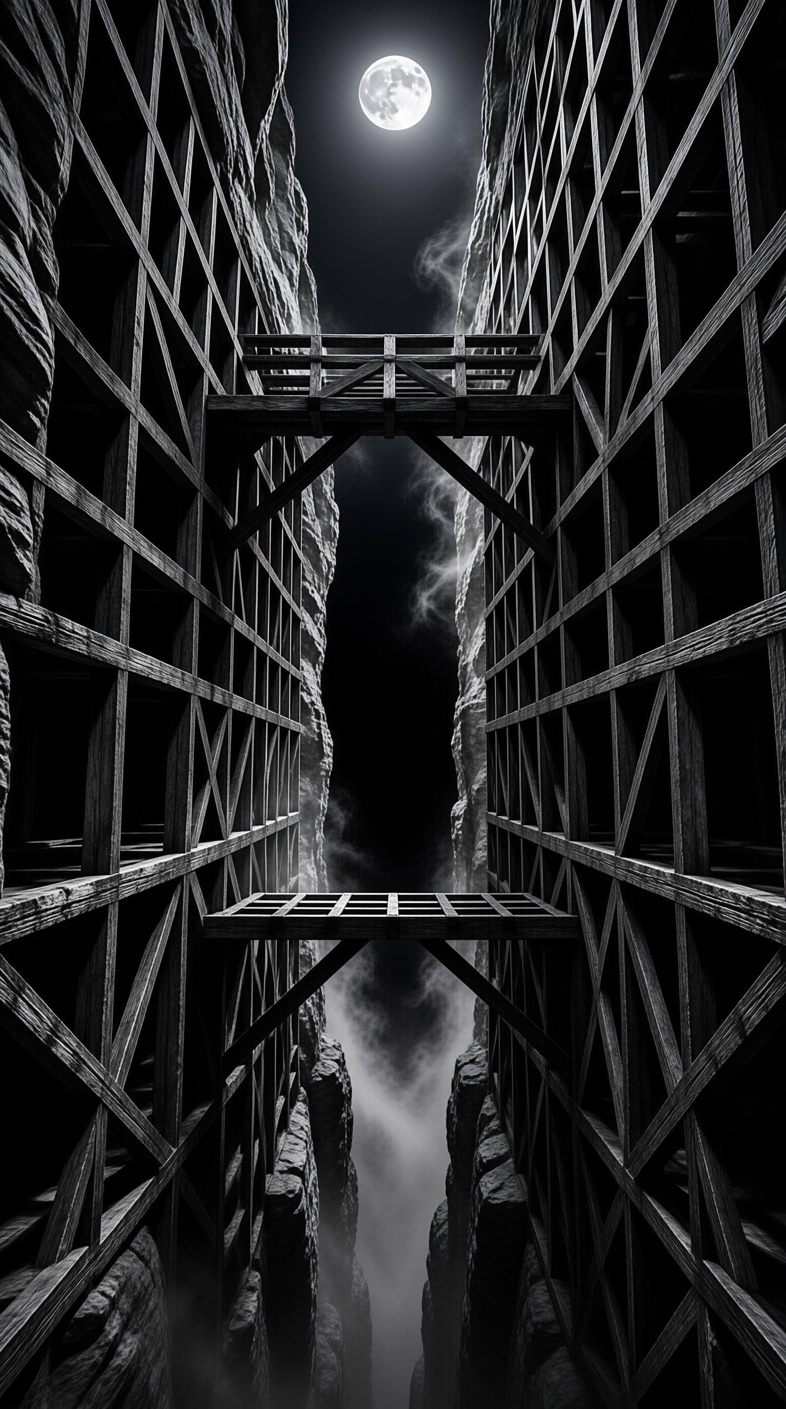 Two tall wooden scaffolding structures frame a narrow gap where a full moon shines brightly above connected platforms.