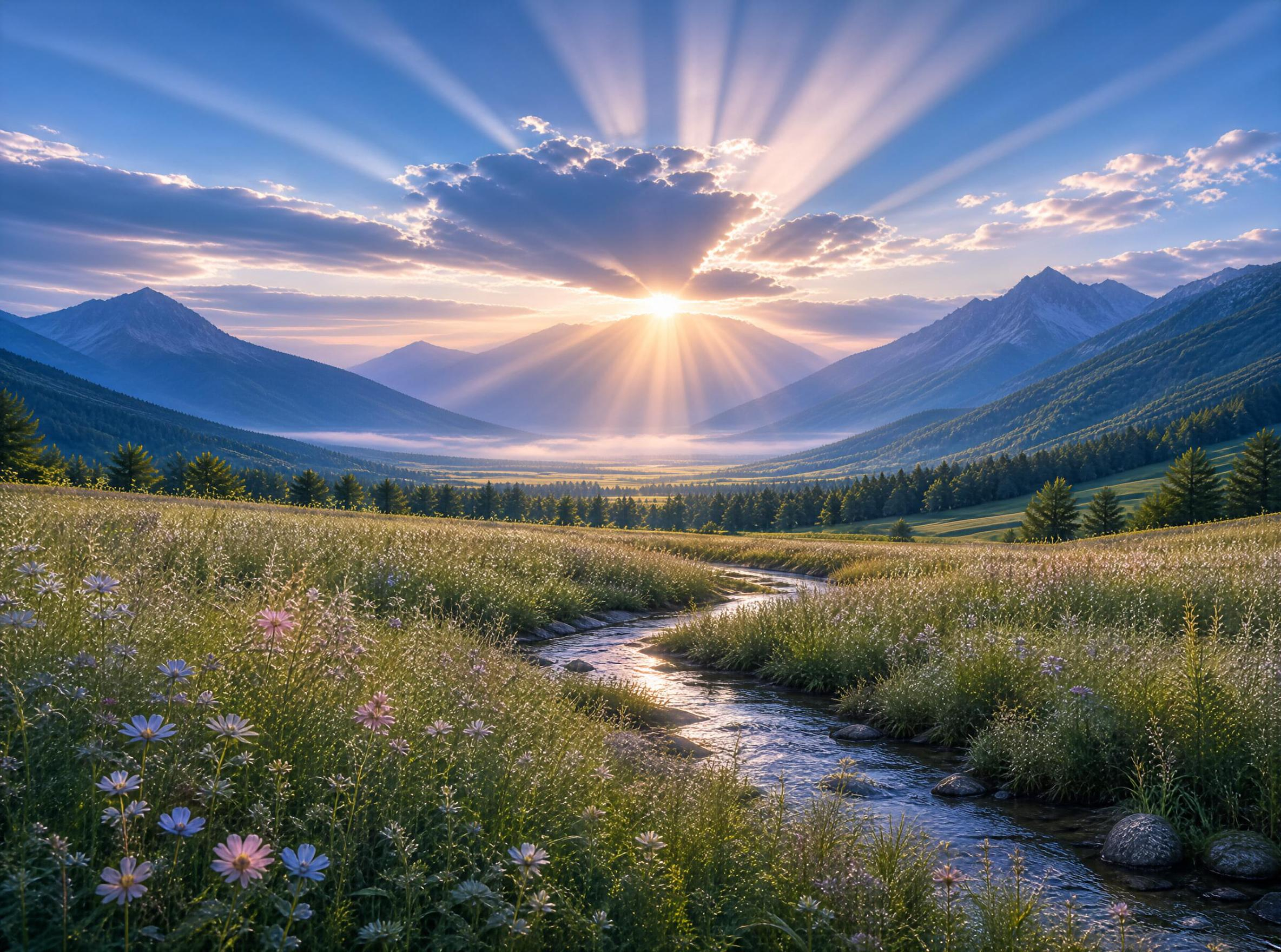 Sunlit Mountain Valley Meadow