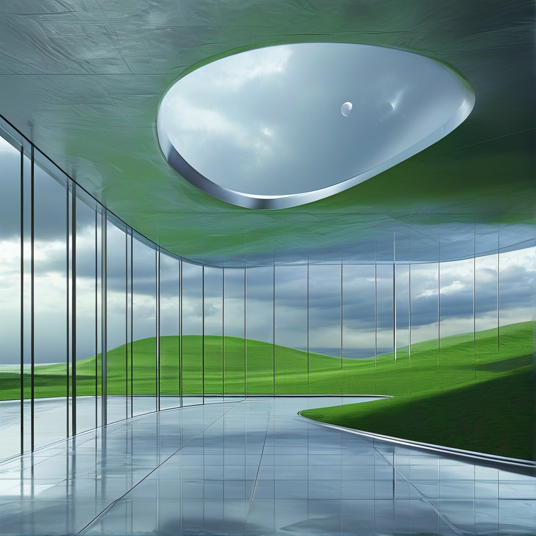 A curved glass structure features a large oval skylight above a view of rolling green hills under a cloudy sky.