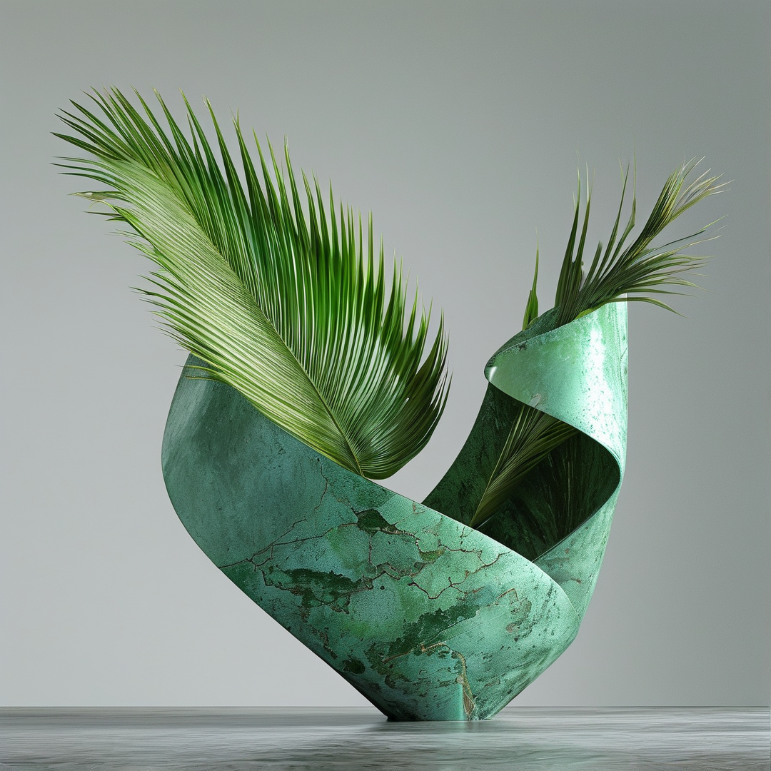 Green Sculptural Vase with Palm Leaves