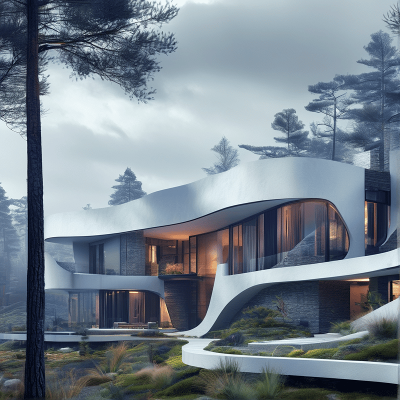 A sweeping sculptural house with glowing windows sits among tall fog-draped pine trees under a grey overcast sky.