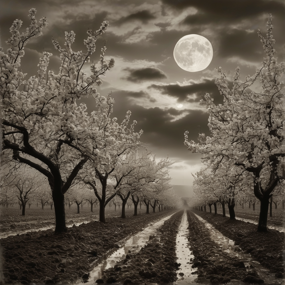 A sepia toned night view of a fruit orchard with white blossoms lining a muddy path beneath a huge moon
