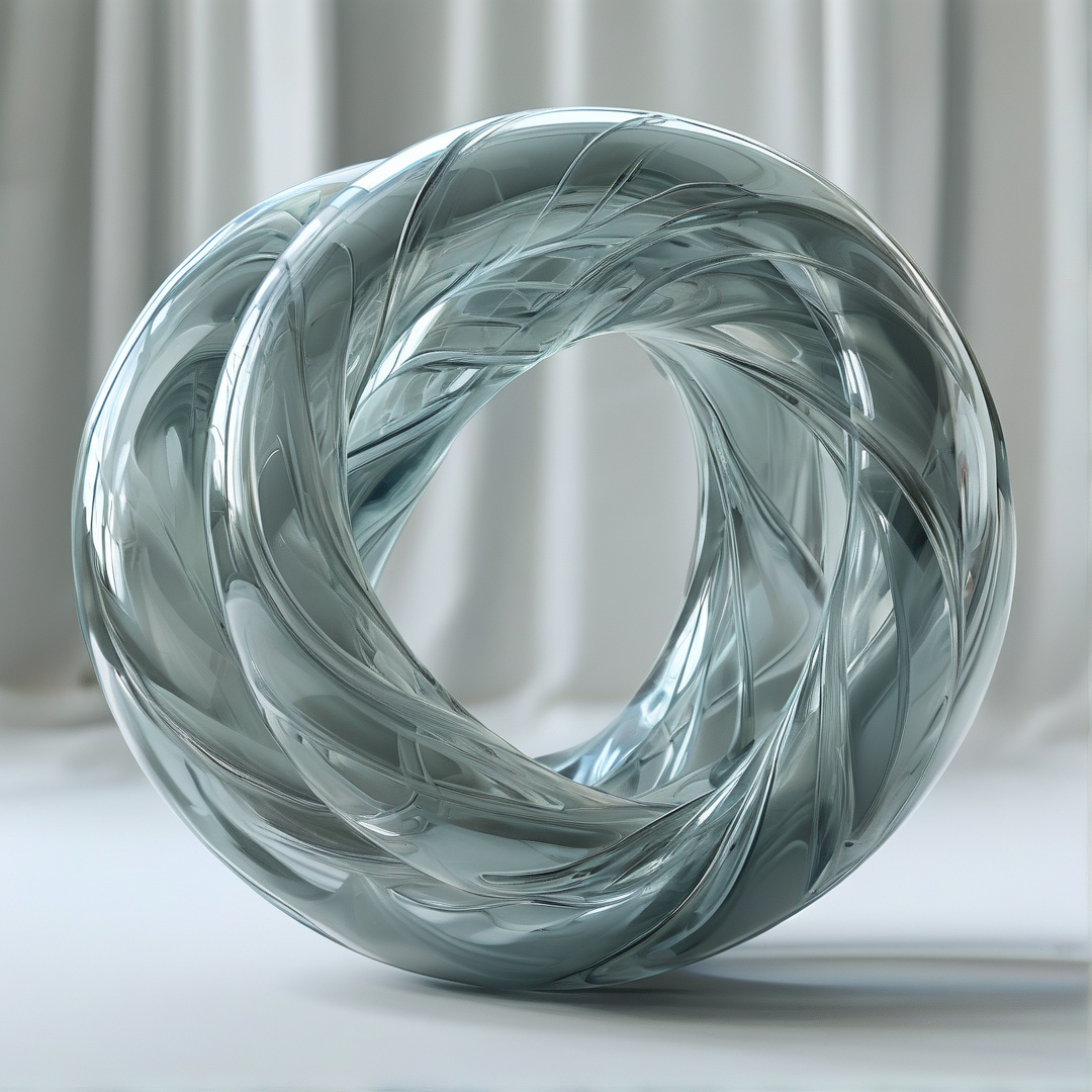 A translucent glass sculpture in the shape of a torus sits on a white surface featuring intricate swirling patterns that resemble frozen smoke or fluid dynamics in shades of grey and pale blue.