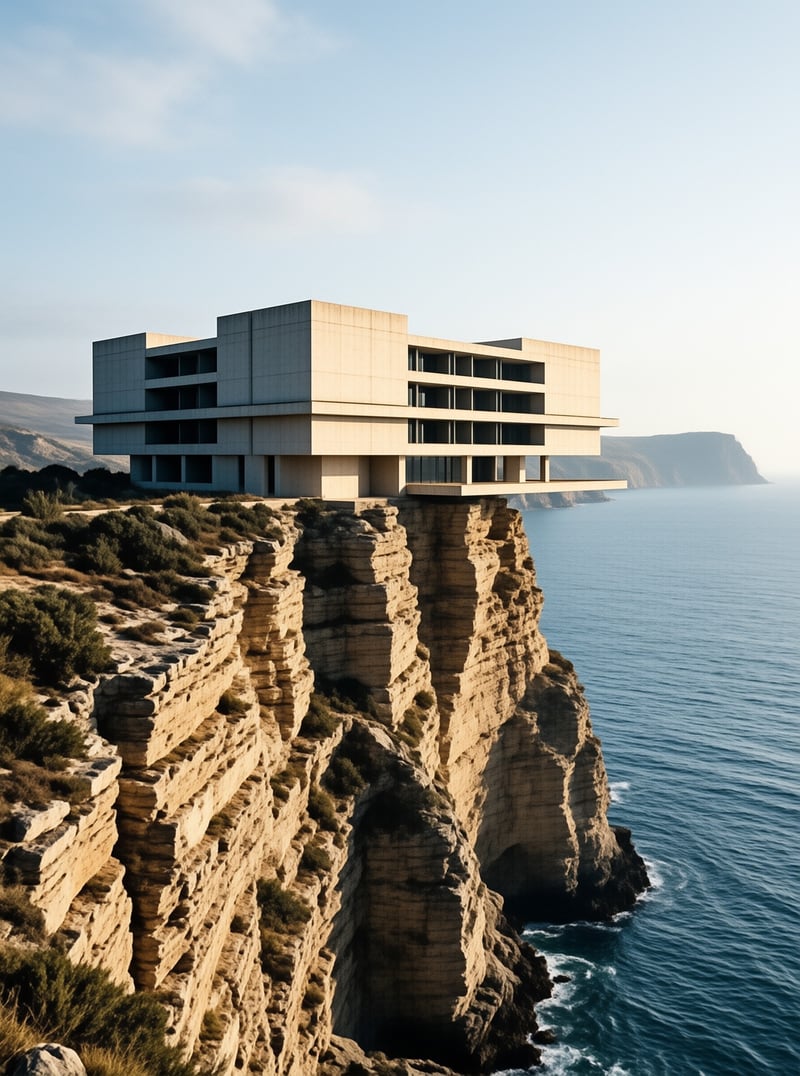 A minimalist beige building sits on a layered coastal cliff overlooking the deep blue sea under soft golden sunlight.