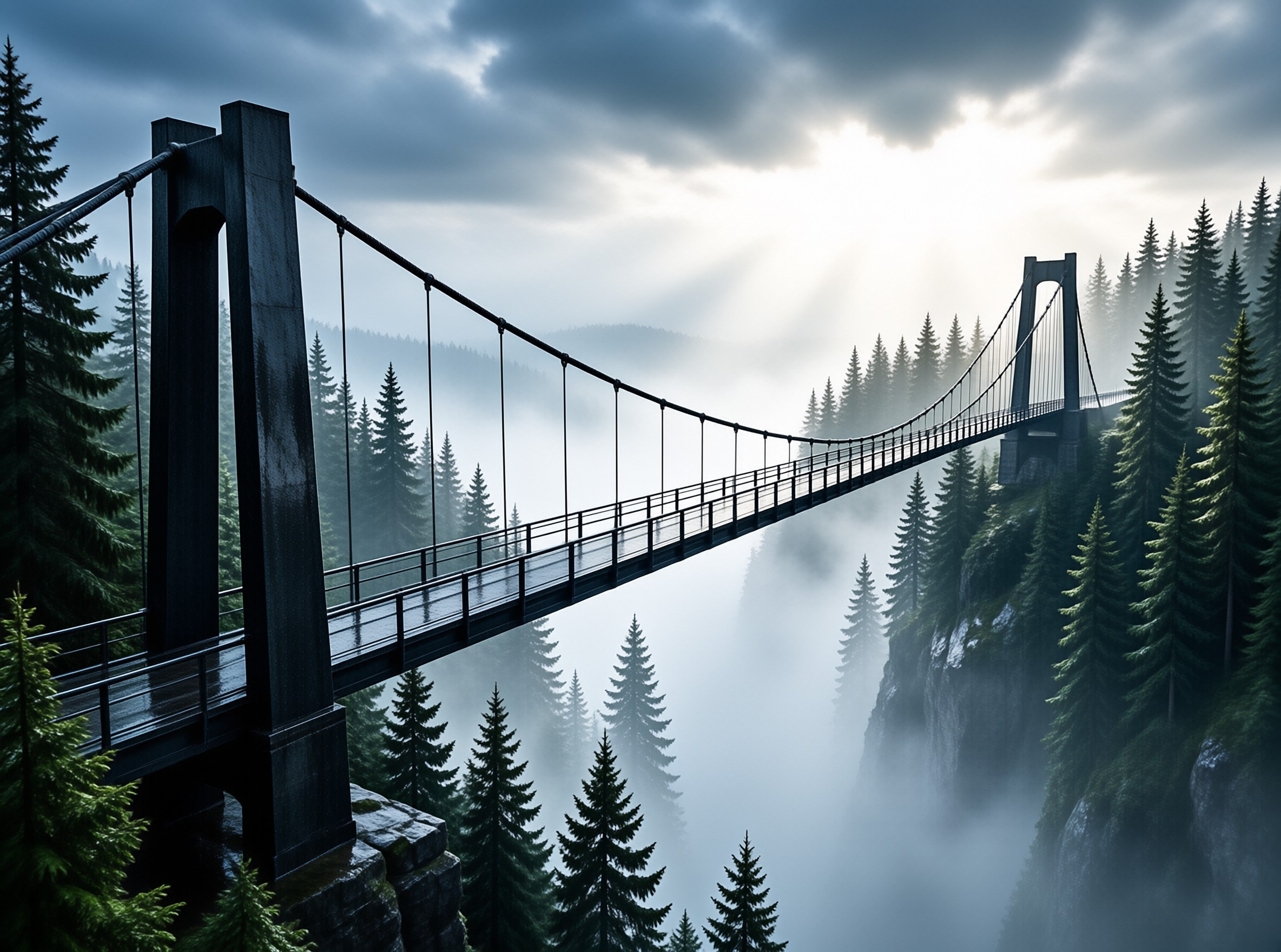 Forest Bridge in Misty Valley