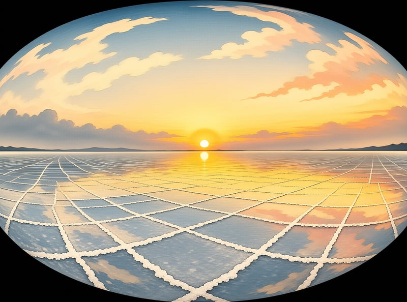 A retro-futuristic painting shows geometric salt flats mirroring a warm sunset beneath an oval sky
