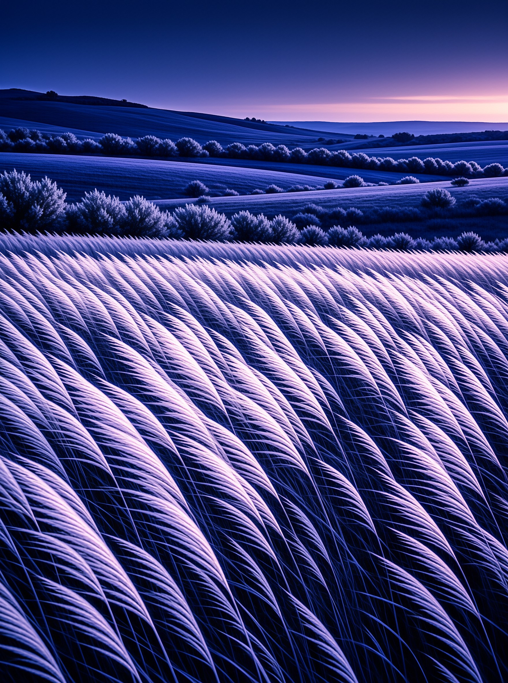 Pale purple lit frost covered grass blades fill the foreground before sweeping rolling hills and dusky gradient sky at twilight.