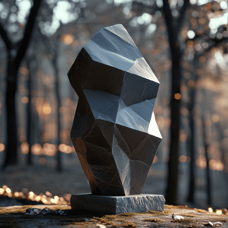 A tall angular rock art piece stands on a mossy base surrounded by blurred trees catching golden afternoon rays.